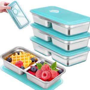 Stainless Steel Snack Containers Reusable, Grab and Go 2 Compartment Food Storage Containers with Leakproof Lids for Travel and Outdoor Camping School Lunch Prep Dishwasher Safe