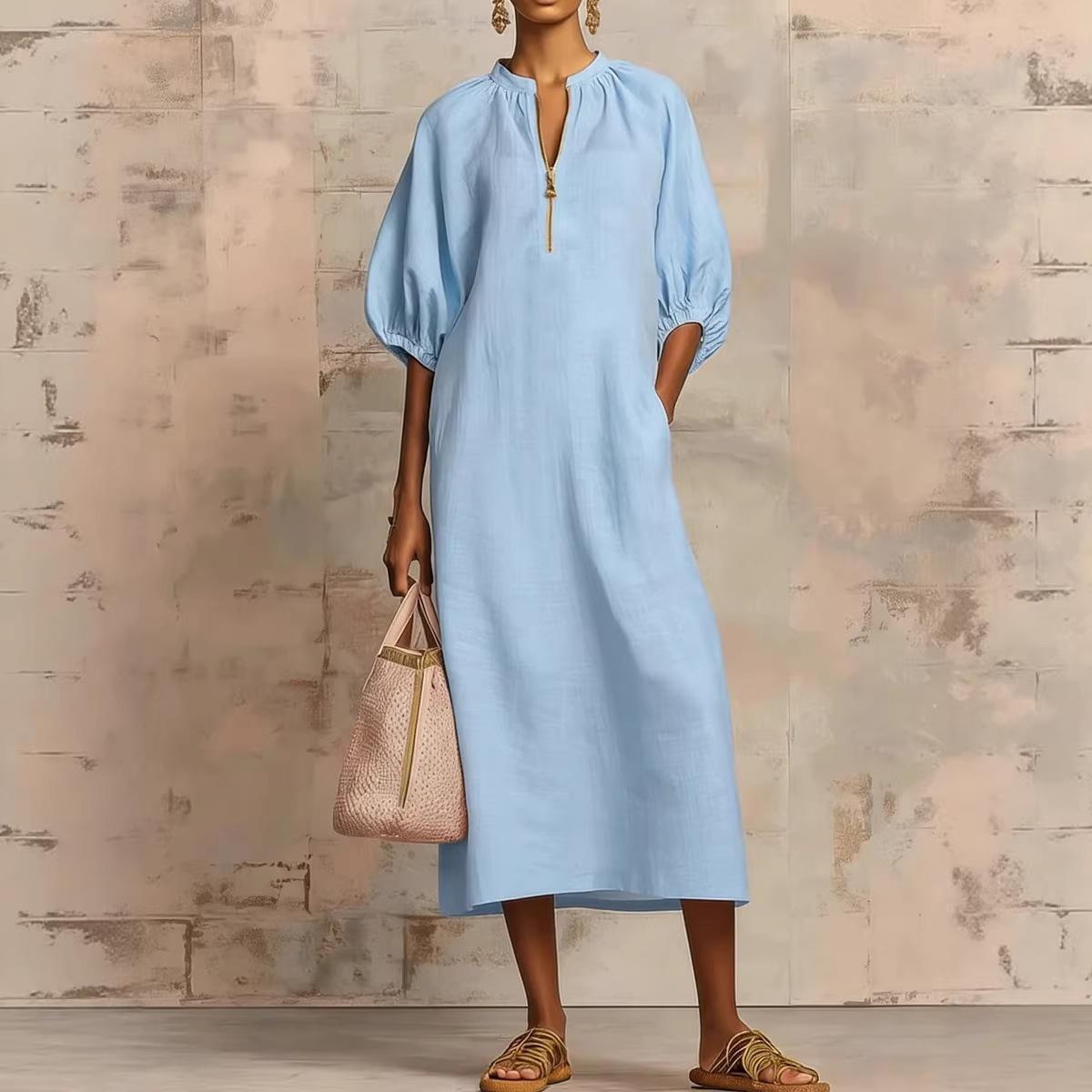 Women's Boho Chic Dress Casual Solid Color Short Puff Sleeve Loose Linen Textured Flowy Sundress Outfit Women's Boho Chic Dress Casual Solid Color Short Puff Sleeve Loose Linen Textured Flowy Sundress Outfit