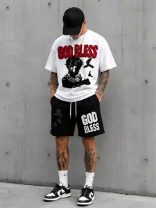 Men's Oversized 2-Piece Set | Vintage Street Style Faith-Inspired God's Plan Graphic Tee & Shorts, Breathable Cotton-Blend