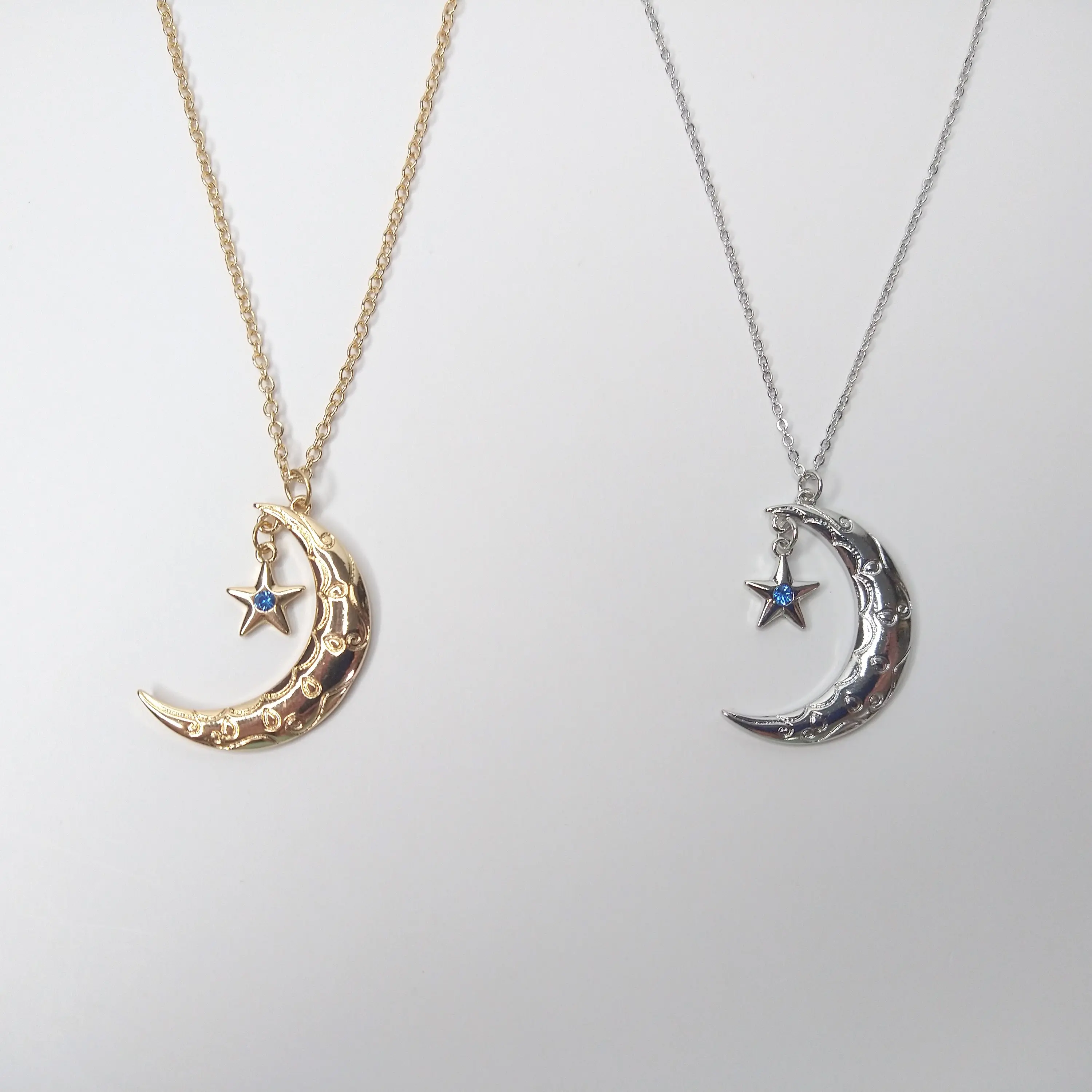 #497 Crescent Moon with Dangling Star with Blue Rhinestone Necklace, Casual, Astronomy, Celestial, Zinc Alloy