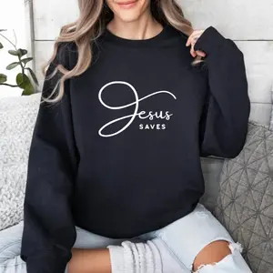 JESUS SAVES Embroidered Sweatshirt Black - Faith-Inspired Embroidered Sweatshirts - Jesus Sweatshirt – Crewneck - Trendy Sweatshirt - Comfort -  Embroidery Pullover jesus crewneck Everyday Tops Womenswear