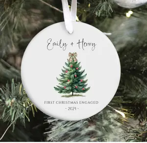 Pesonalized Engaged Ornament, Custom Names & Date, Keepsake Christmas, Perfect Engaged Gift For Couple Engagement Heart Ornament Round Ornament