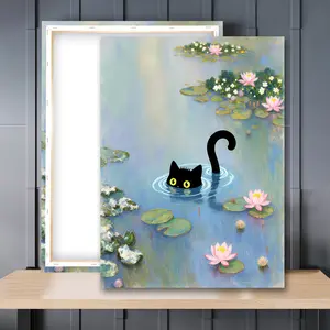 1pc Wooden Framed, Black Cat Wall Art Monet Prints, Vintage Aesthetic Canvas Wall Art Painting, Funny Cat in Water Lilies Posters, Ideal For Bathroom, Bedroom, Office, Living Room, Wall, Room, Home Decoration, Instantly Enhance Your Space!
