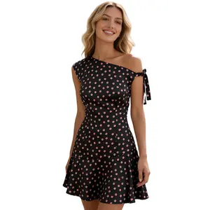 Women's Polka Dot Asymmetrical One Shoulder Flare Mini Dress