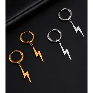 Quality Stainless Steel Super Lightning Bolt Pendant Hoop Earrings