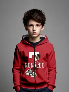 Boys' 3D Printed Zip Graphic Hoodie with Ronaldo Design, Durable Lightweight Hooded Sweatshirt, Outdoor School Casual Wear, Elastic Fabric
