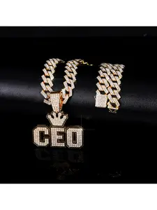 Crown CEO Pendant, Two-Tone Cuban Link Necklace | Centered visually on the crown and letter silhouette, fully encrusted craftsmanship outlines metallic layers, creating a restrained yet charismatic aura with powerful presence