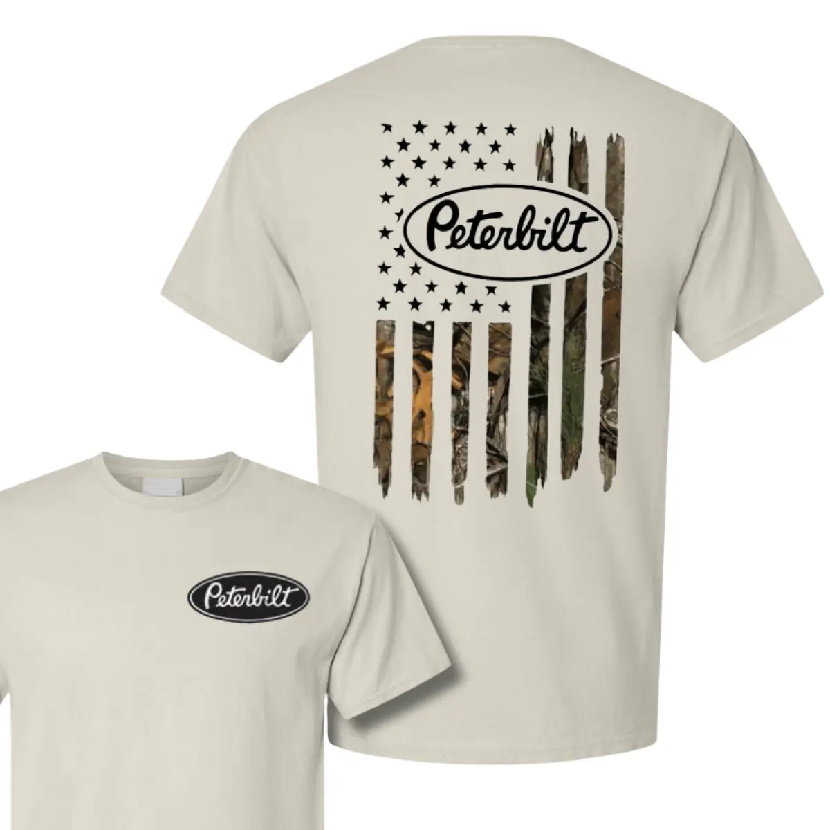 Peterbilt Camo Flag T-Shirt, American Flag Graphic Tee, Soft Cotton Blend Shirt, Outdoor Apparel for Men, Perfect Gift for Truck Enthusiasts