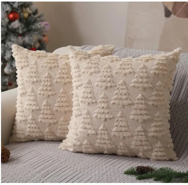 Christmas Pillow Covers 18 x 18 Set of 2 Christmas Decoration Beige Christmas Tree Pillow Cases Plush Faux Fur Soft Cushion Case for Winter Xmas Holiday Home Bedroom Sofa Decors SY-003-C18