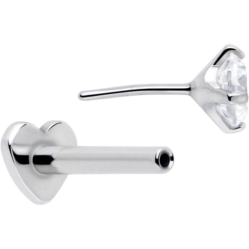 16 Gauge 5/16 Clear CZ Implant Grade Titanium Threadless Reversible Heart Flatback Stud