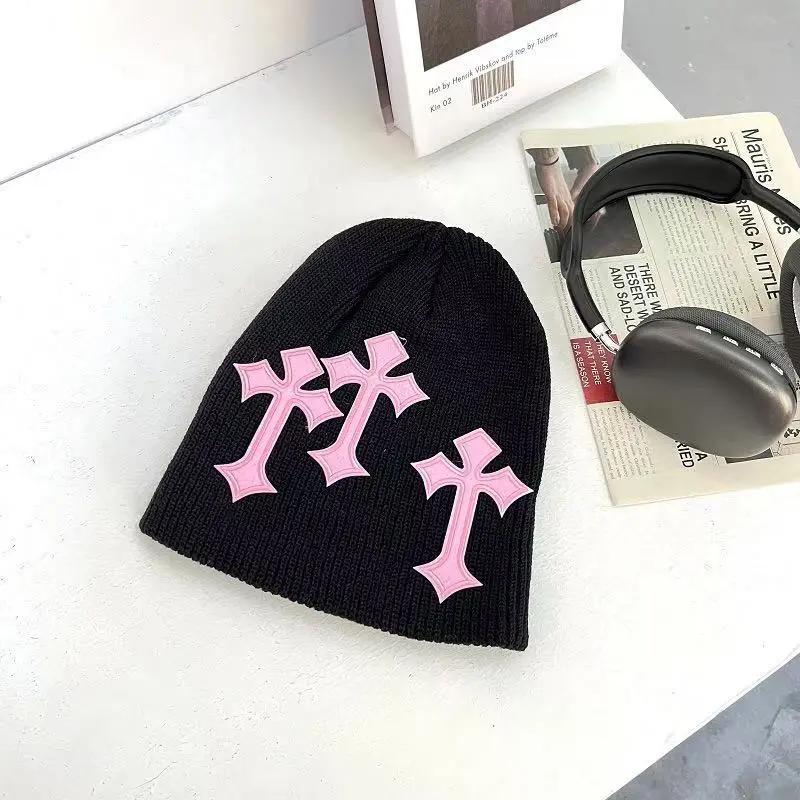 Sopula Studio Unisex Goth Style Acrylic Knitted Beanie - Gothic Cross-Design, Fitted Size, Embroidered Headwear, 21st-Century Style, Machine Washable, All-Seasons Casual Streetwear Hat for Enthusiasts