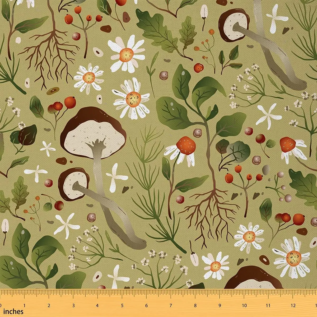 Wild Mushroom Fabric Groovy Daisy Rustic Botanical Plants Fabric Soft Flannel Polyester No Stretch Farmhouse Style Fabric Soft Flannel Polyester No Stretch