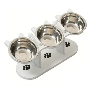 Wooden Cat Bowl Stand with Stainless Steel Bowls, Slanted Design Protects Cats' Necks, Detachable for Easy Cleaning, Durable and Stylish