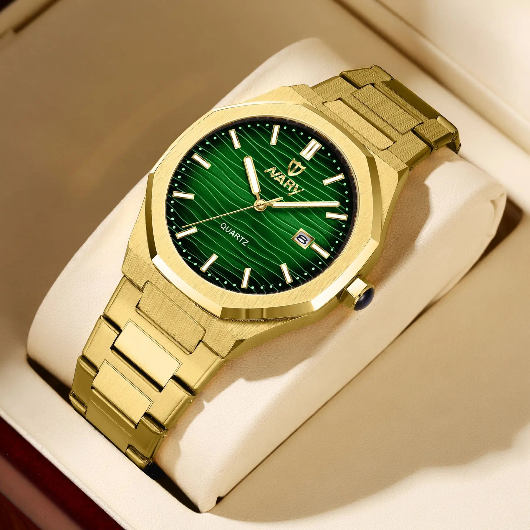 Men's Luxury Gold Octagonal Quartz Watch - Green Textured Dial with Date Display, Stainless Steel Band, Luminous Hands, Business Casual Dress Wristwatch, Perfect Gift for Him Men's Luxury Gold Octagonal Quartz Watch - Green Textured Dial with Date Display, Stainless Steel Band, Luminous Hands, Business Casual Dress Wristwatch, Perfect Gift for Him