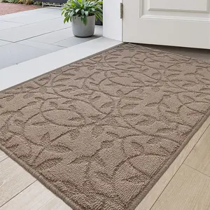Front Door Mat Inside Entrance 24x36, Non Slip Dirt Trapper Doormat, Low Profile Thin Entry Rug, Absorbent Easy Clean Welcome Mats for Entryway, Patio, Branch Leaf Beige