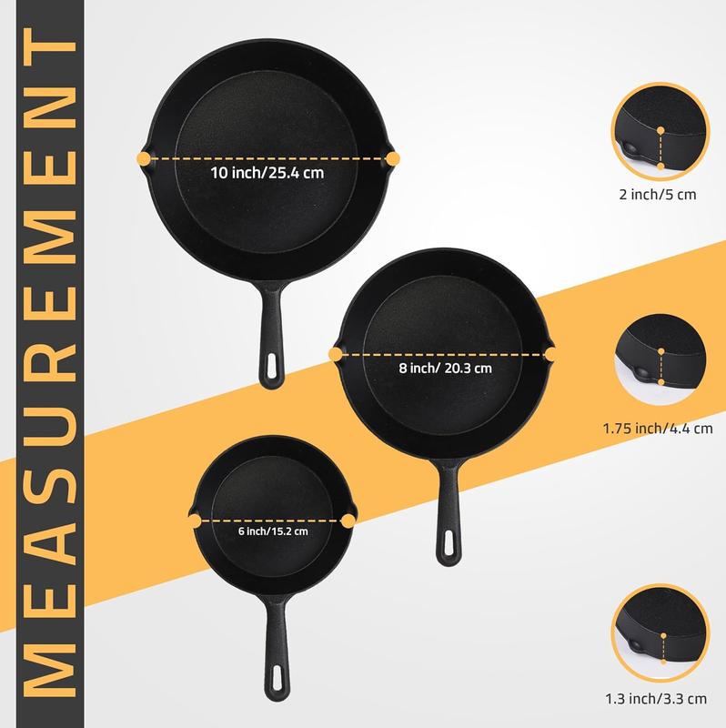 Cast iron Skillets 3 Piece Set, Chefs Pan, Pre Seasoned Cast iron Skillets, 6, 8 & 10 Inches, Easy Use in the Oven, Stove, Grill, or Campfire, Black Dish Lightweight Cookware Indoor Oil