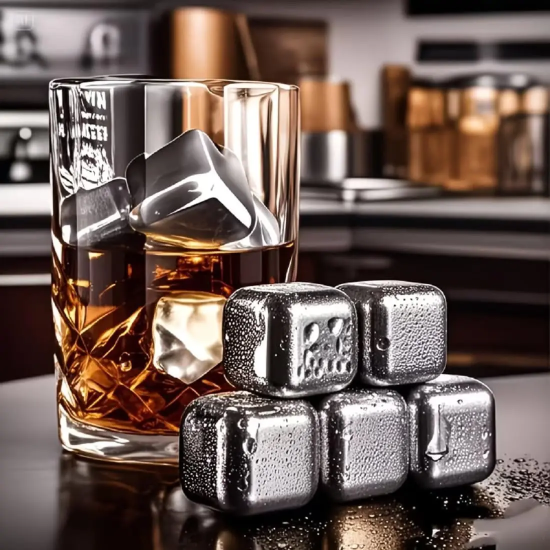 Premium Reusable Stainless Steel Whiskey Chilling Stones Set (6-Pack/8-Pack) with Ice Tongs, Quick-Freezing Long-Lasting Cooling Metal Ice Cubes, No-Dilution Cold Rocks for Whiskey, Drink Utensils for Adults, Ideal Premium Gifts for Men