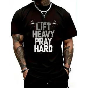 【FathersDayGift】Christian Gym Graphic T-Shirt with Lift Heavy Pray Hard Message, Faith Based Workout Tee Designed for Weight Training, Daily Gym Sessions, Fitness Motivation and Active Casual Wear