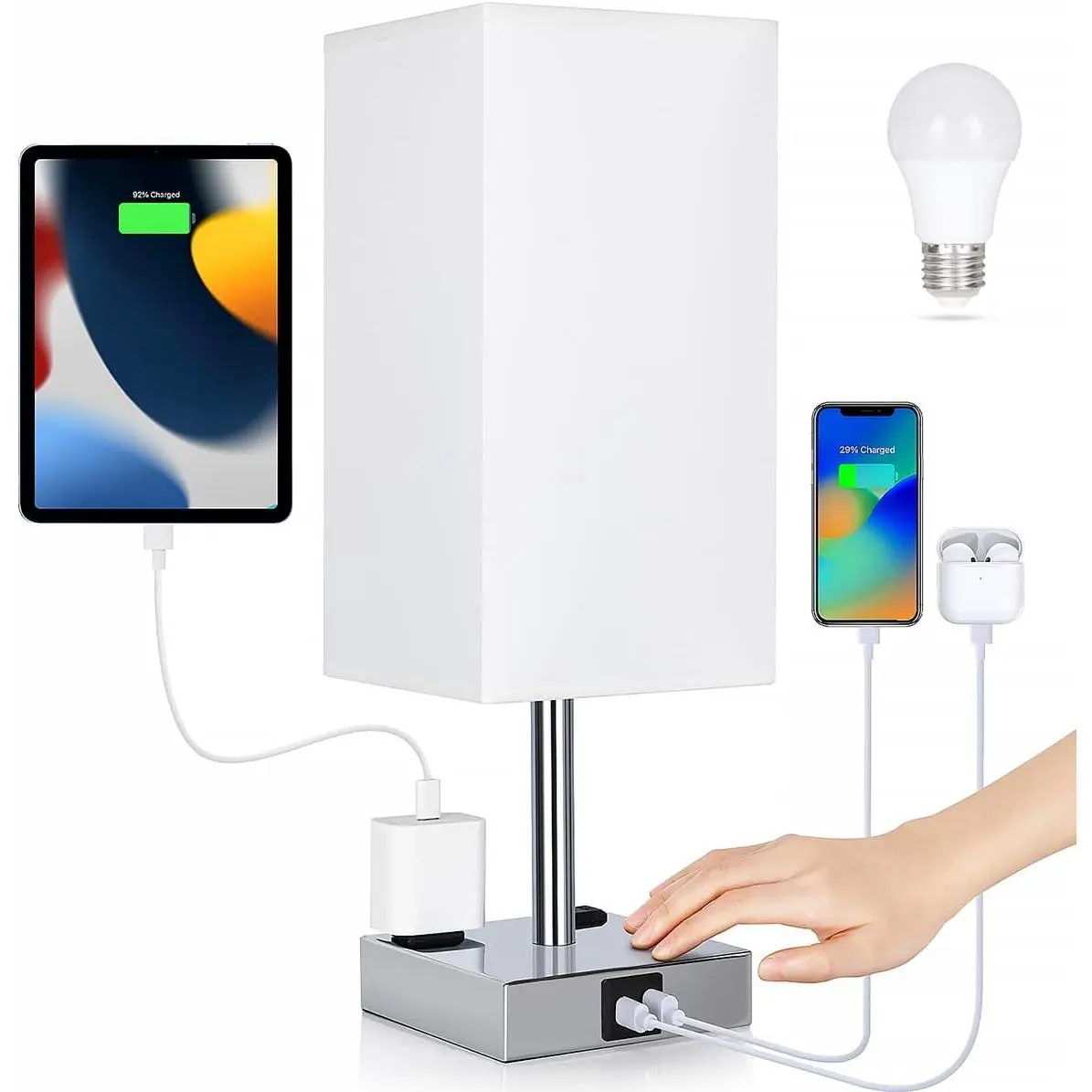 Bedside Lamp with USB Ports - Touch Control Table Lamp for Bedroom with USB C+A  Ports & AC Outlets, 3 Way Dimmable Nightstand Light for Living Room (LED Bulb Included, Chrome - White)