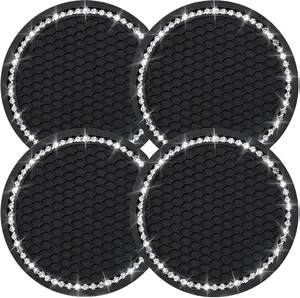 4PCS Bling Coasters, Crystal Car Cup Coaster, Rhinestone Universal Vehicle Anti Slip Coaster, Suitable for Most Car Interior, Black