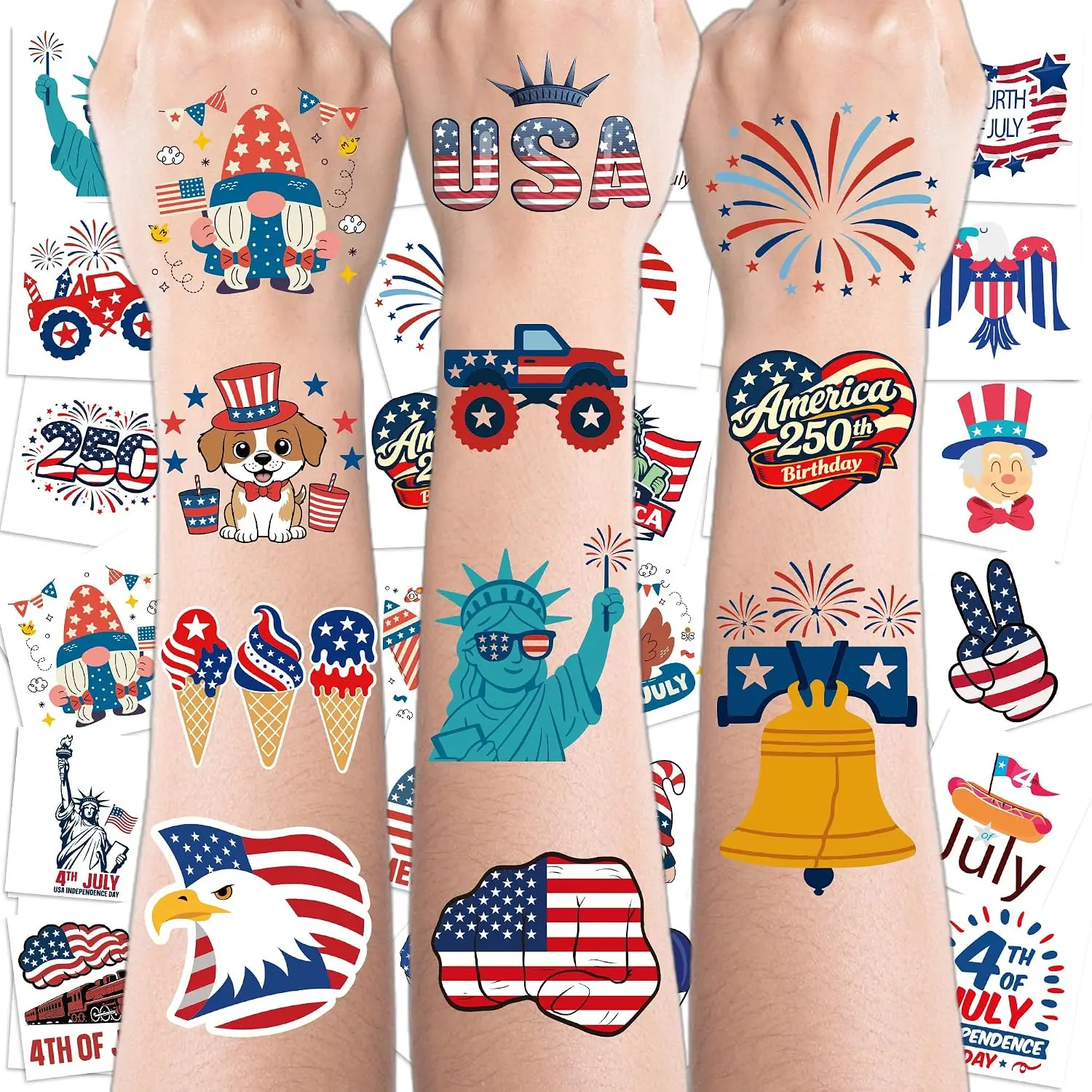 250th Anniversary USA Shirt - 150 PCS 4th of July Tattoos | 4th of July Outfits for Women - American Flag Red White Blue Decor for Fourth of July Accessories Merchandise Decorations Supplies Favors