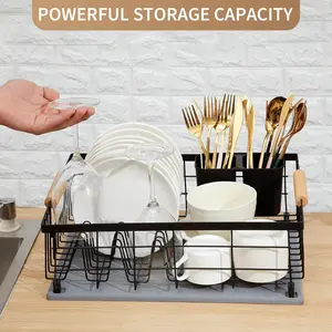 Dish Drying Rack with Stone Drying Mat, Diatomaceous Earth Dish Drying Mat for Kitchen Counter, Absorbent Dish Drainers with Cutlery Holder Organiser