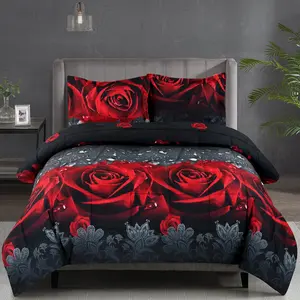 HIG 3PC 3D Rose Print Comforter Set - Soft Breathable Fade Resistant Microfiber with Pillow Shams - Elegant Comforter for Botanical Themed Bedroom in a Bag