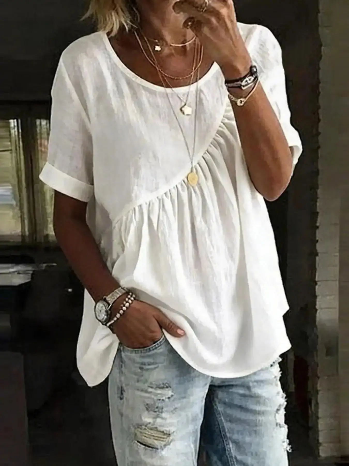 Spring Summer Women's Solid Color Round Neck Short Sleeve Drawstring Top T-Shirt Fit Loungewear Style, Casual Fashion Aesthetic Upper Garment for Everyday Wear, Relaxed Fit, Trendy Well Made, effortless layering
