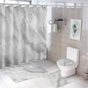 Marble Pattern Bathroom Accessories, 4 Counts/set Including 1 Shower Curtain & 1 Toilet U-shape Mat & 1 Rectangular Mat & 1 Toilet Lid Cover, Bathroom Decor Supplies