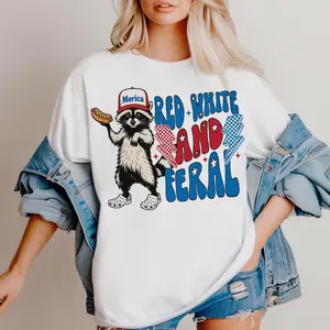 Comfort Colors Comfort Colors Red White And Feral Shirt,Funny USA Shirt, Funny Raccoon Shirt , 4th Of July  Feral PNG, Hotdog Raccoon