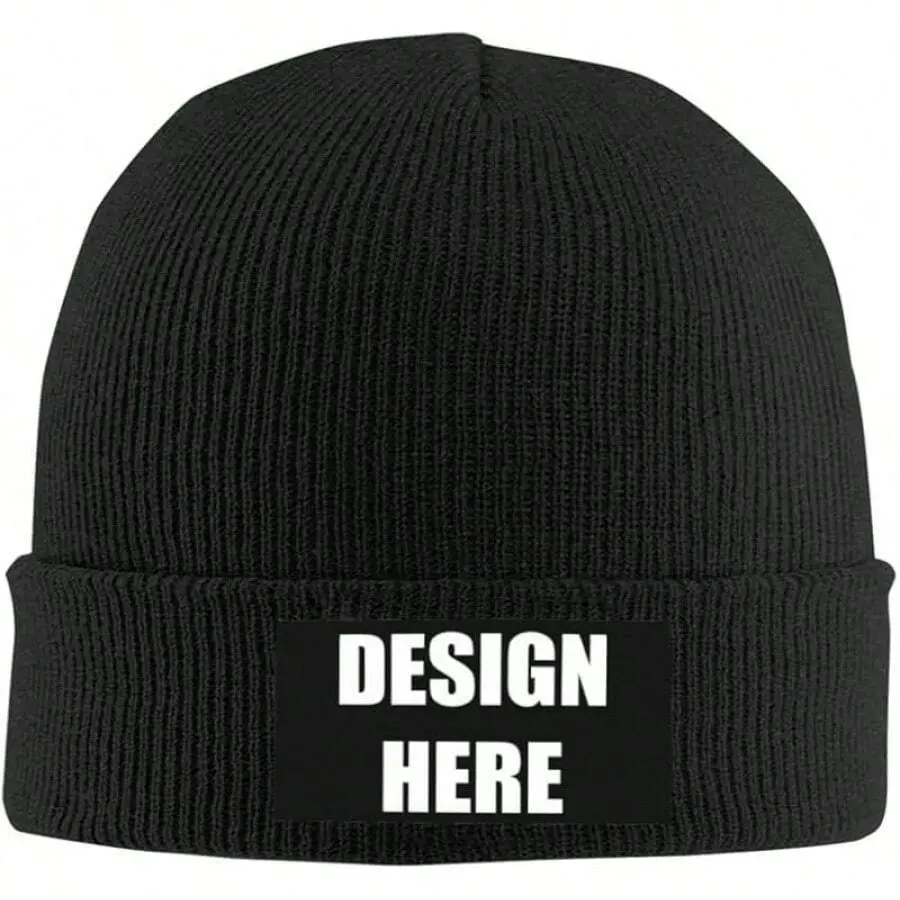 S&T Custom Beanie Fitted Hat - Personalized Winter Knit Cap for Men, Customizable with Photo, Logo or Text Name