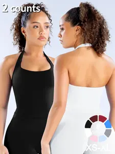 2Pcs Women's Yoga Halter Neck Tank Top with Removable Pads, Three-Layer Seamless Backless Tank Tops Casual Solid Color Soft All Seasons Wear, Sleeveless Sports Top