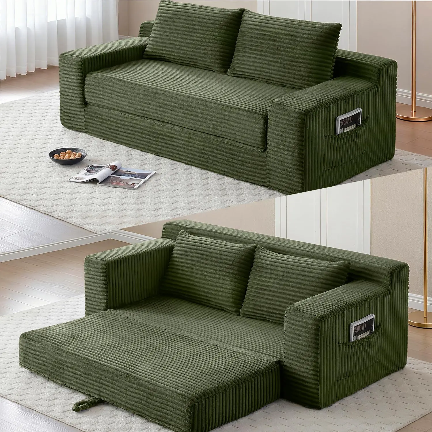 73" Memory Foam Cloud Loveseat Sofa, 2 in 1 Convertible Folding Couch Bed, Compressed Corduroy Floor Lounge Sofa, No Assembly for Apartment Office Bedroom Living Room (Green)