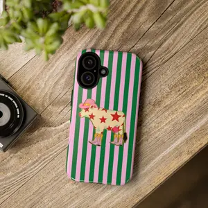 Cowboy Cow Pattern Phone Case, Cute Western Design, Pink & Green Striped Protective Cover, gift for him for her
