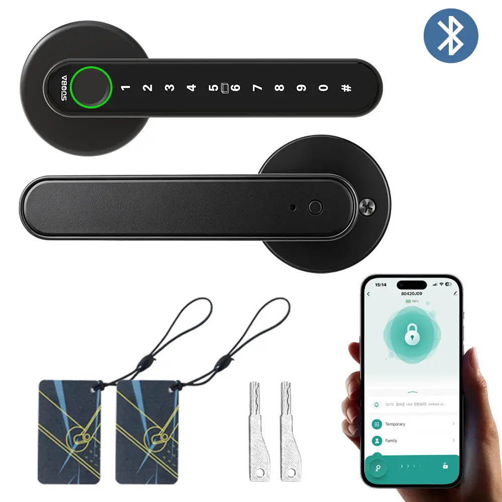 Alloy Aluminum Biometric Smart Door Lever Lock - Keyless Entry DIY US Standard Ball Knob Lock Replacement, 5-in-1 Access (Fingerprint, Passcode, IC Card, Key, Tuya Bluetooth App Control), USB Port, for Bedroom, Office, Alloy Aluminum Smart Door Locks