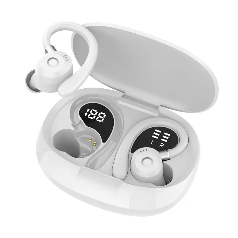 Wireless Bluetooth Earbuds with Ear Hooks, Type-C LED Digital Display Charging Case, Sweatproof Waterproof Audio Headphones for Running-Gym, Directional Sound Leak-Free Bone Conduction Style, 60H Bass Boost Stereo Playtime