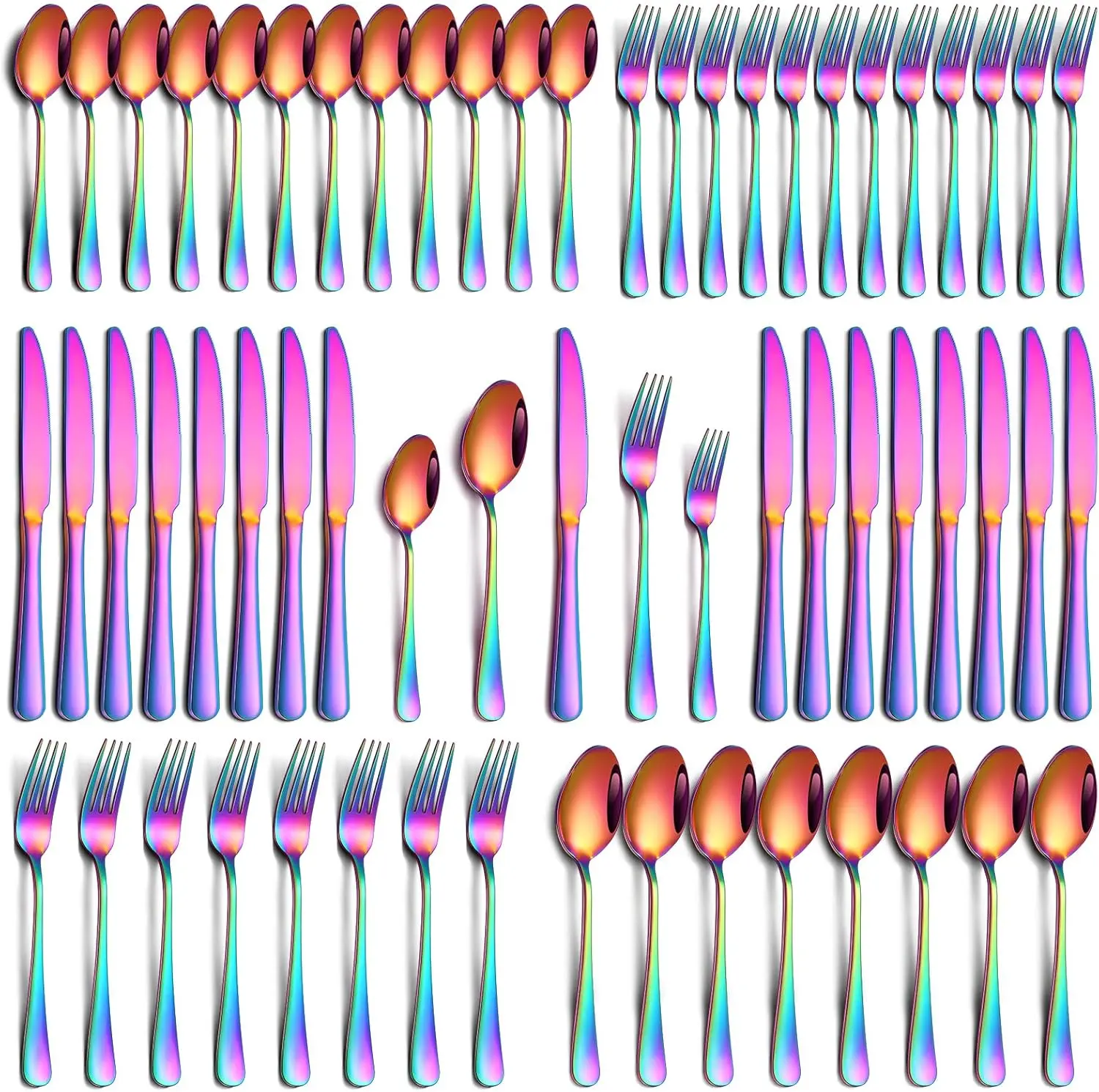 60-Piece Rainbow Stainless Steel Cutlery Utensil Set - Scratch-Resistant, Durable Tableware for Home Kitchen, Outdoor Use - Party Tableware with Utensils Included
