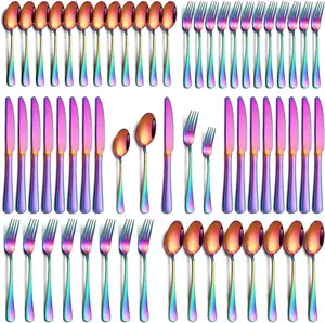 60-Piece Rainbow Stainless Steel Cutlery Set with Forks, Knives, Spoons, Durable Tableware, Utensils Service Set for Home Kitchen, Dining Room, Outdoor Use