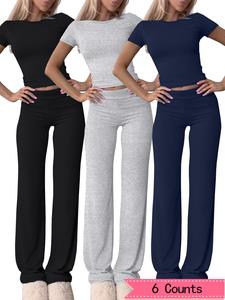 women's solid tee & flare leg pants set, casual comfy round neck short sleeve tee & bell bottom trousers for daily wear, outfit sets for women, ladies summer clothes, perfect matching