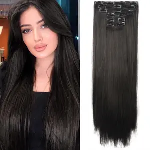 Brown Black Hair Extensions Clip in Extension Straight 24inch Long Synthetic Thick Clips on Hairpieces for Women 6PCS Natural Full Head 5.2 Oz