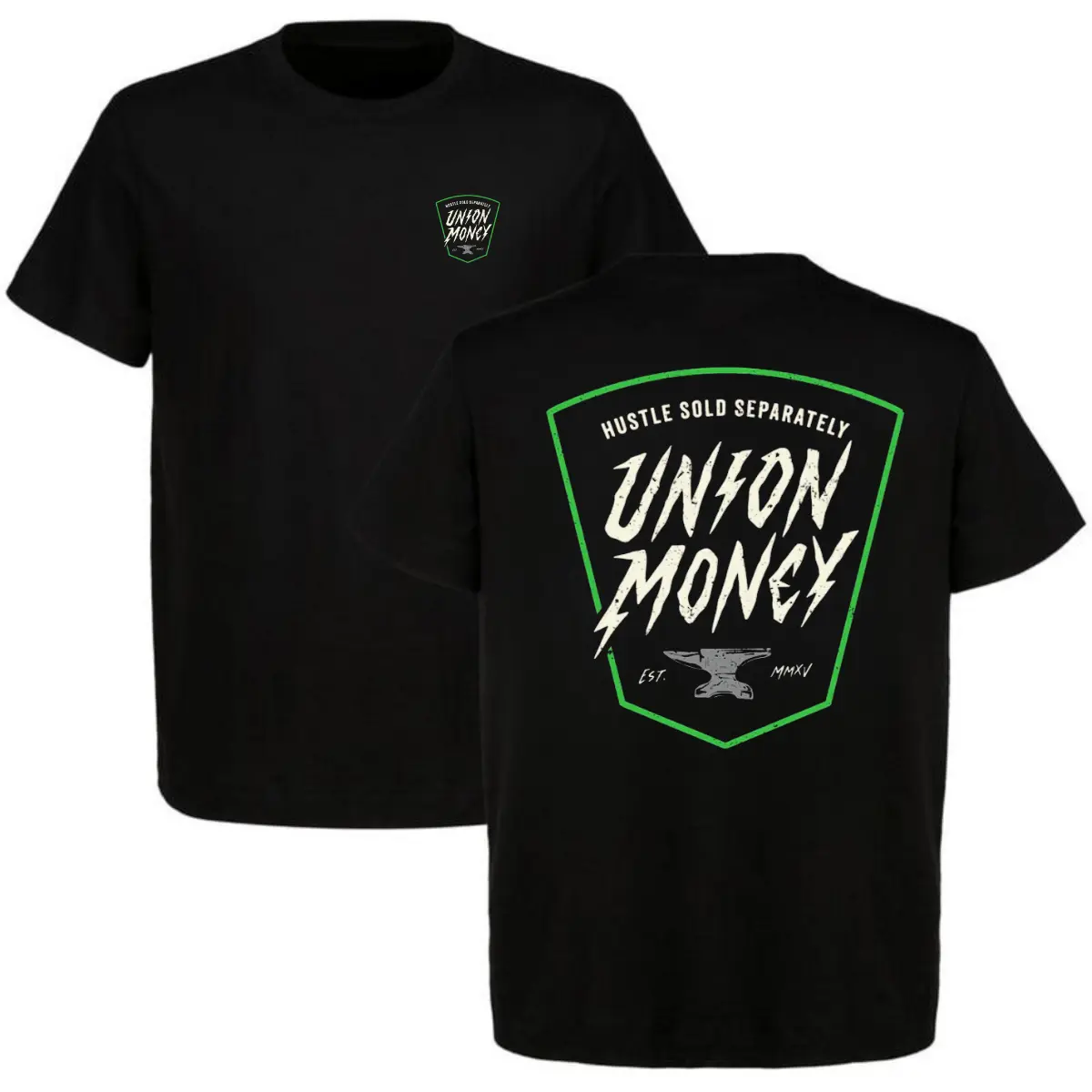 Men's Hustle Sold Separately Union Money Graphic Cotton T-Shirt, Neon Green Badge-Bolt Anvil Established 2015 Apparel, Breathable Classic Short-Sleeve Hardcore Blue Collar Labor Pride Casual Streetwear Top, Shortsleeve, Crewneck, Tshirt, Cargo, Fabric, So