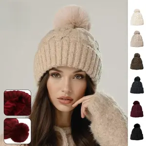 Slouchy Cable Beanie for Fall & Winter, Stretchy Warm Pom Pom Knitted Hat KatchMe Women's Versatile Fluffy Knit Thermal Crochet Hat