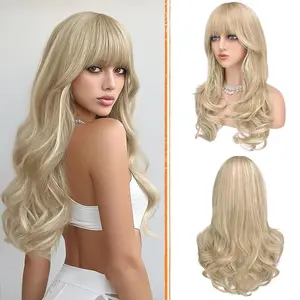 Blonde Wigs with Bangs Long Wavy Layered Haircut  Looking  Synthetic Heat Resistant Hair Wig for Women Daily Party, 24 Inch Dirty Blonde