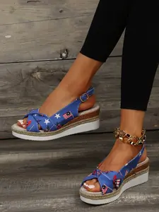 Vintage Floral Wedge Sandals, Farmhouse Toe-Open Shoes, Versatile Dress Shoes, Minimalist Style, PU Material, Less Than Ankle Height, Floral Design Sandals