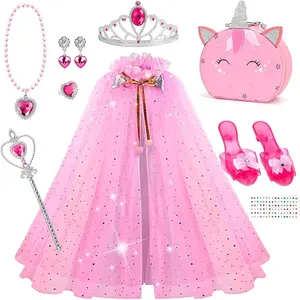 KF5-CPA05  Princess Dress Up Girls Gifts - Princess Costumes Accessories with Cape Jewelry Shoes Crowns Role Play Toddler Christmas Birthday Gift Toys for 3 4 5 6 Year old Girl Pink