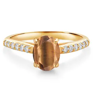 10K Yellow Gold Brown Tiger Eye and White Lab Grown Diamond Engagement Ring For Women (1.43 Cttw, Oval 8X6MM, Gemstone Birthstone)