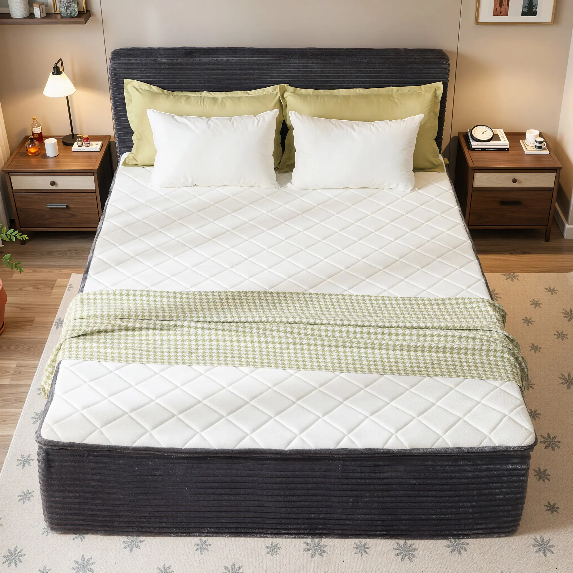 ALLWEX Compressed Queen Bed with Mattress Included, 60" Modern Upholstered Platform Bed with Padded Headboard, 6-Layer Hybrid Mattress with Pocket Springs & Adaptive Foam, No Box Spring Needed, Zero Assembly Required