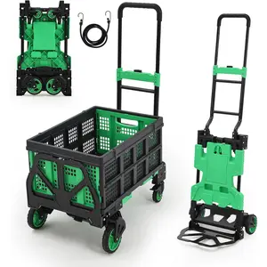 2-in-1 Heavy Duty Folding Platform Cart,330 lbs Capacity, Collapsible Basket, Telescoping Handle, Bungee Cord, Durable Rubber Wheels, Portable & Easy Storage Utility Dolly for Moving Office Luggage Warehouse, Green