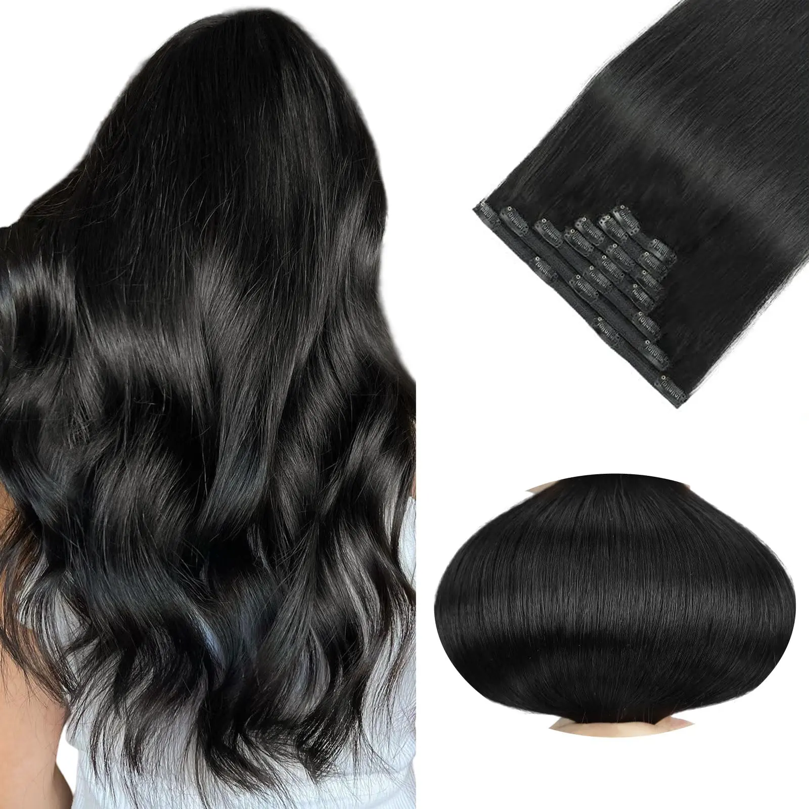 7-Piece Clip-In Hair Extensions, 120g Remy Human Hair, Natural Wave Curls 3B Water Curly Clip In Hair Extensions Human hair Jet Black  main image 2