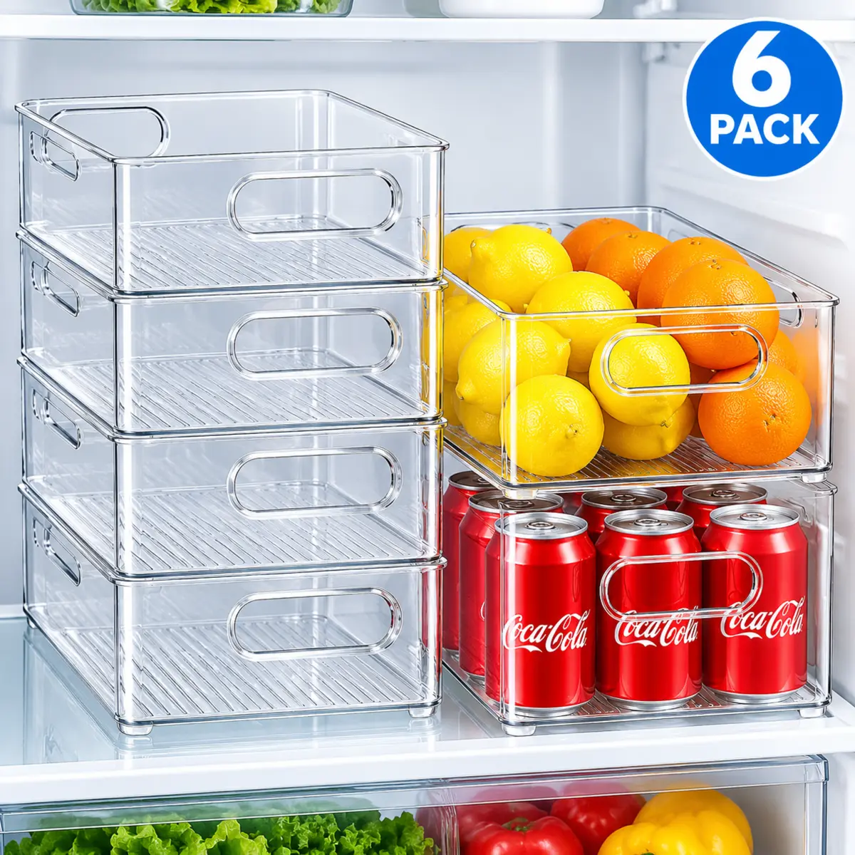 6-Piece Clear PET Fridge Storage Container Set, Stackable Organizer Bins for Kitchen Produce, Pantry Organization